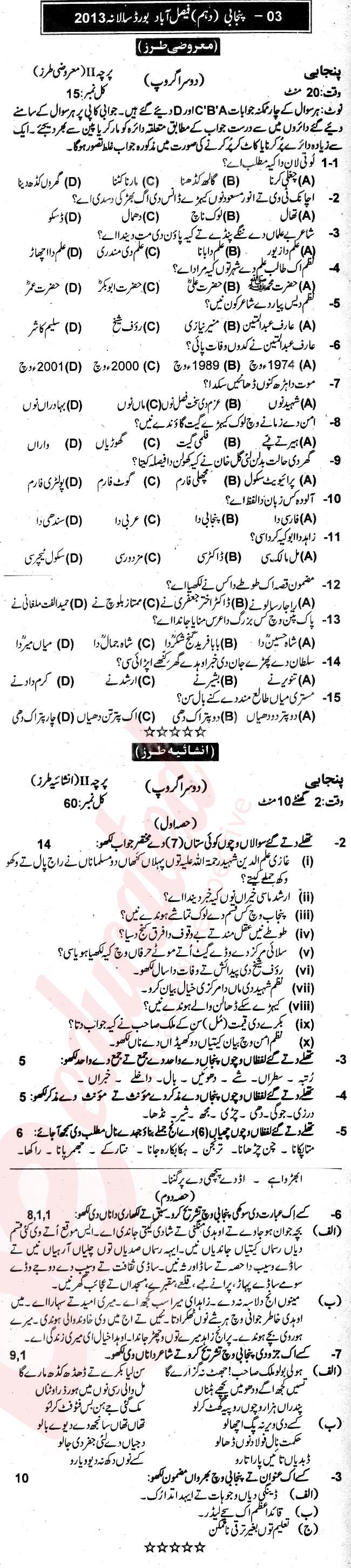 Punjabi 10th Urdu Medium Past Paper Group 2 BISE Faisalabad 2013