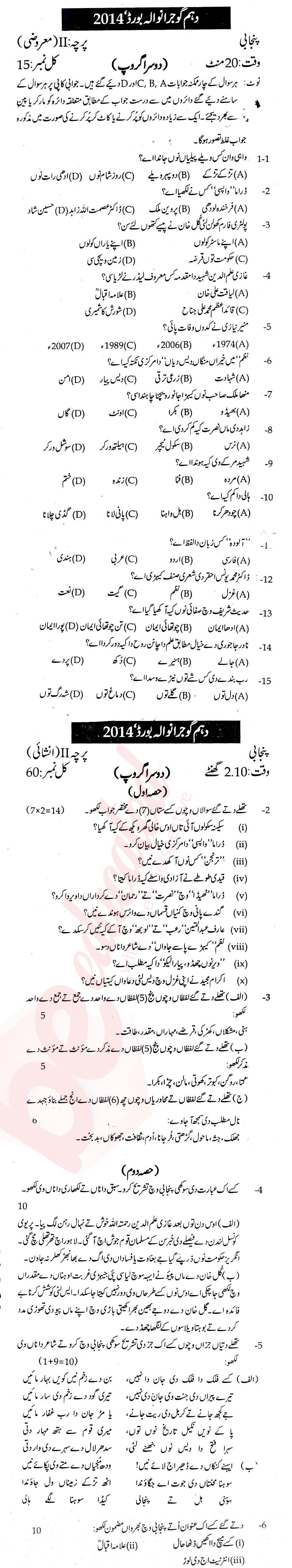 Punjabi 10th Urdu Medium Past Paper Group 2 BISE Gujranwala 2014