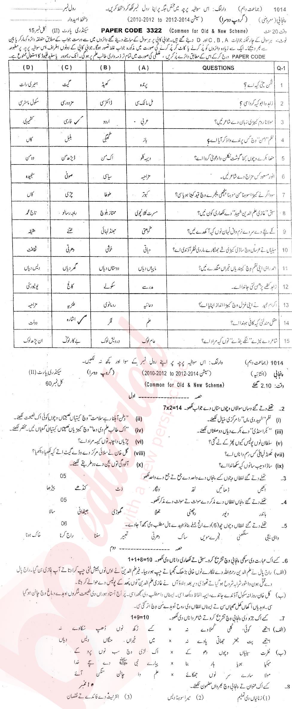 Punjabi 10th Urdu Medium Past Paper Group 2 BISE Sargodha 2014