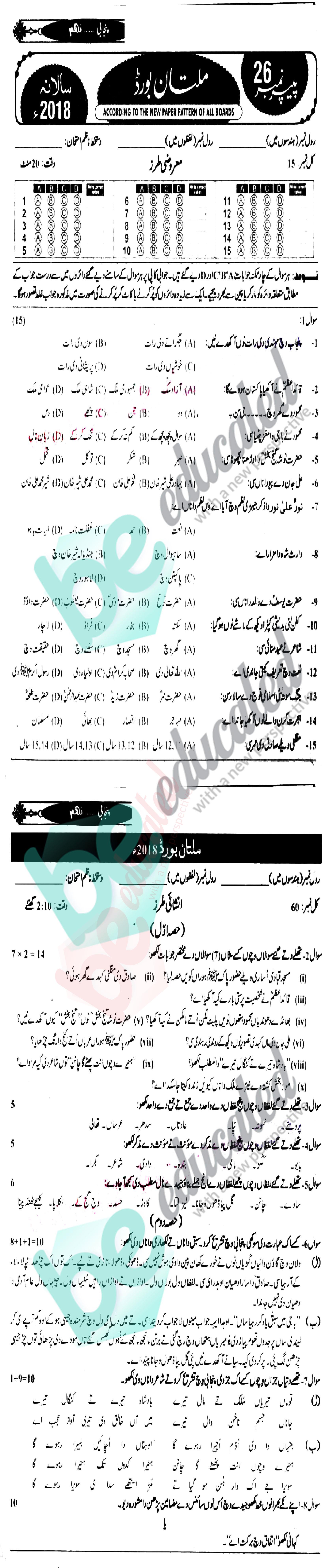 Punjabi 9th Class Urdu Medium Past Paper Group 1 BISE Multan 2018