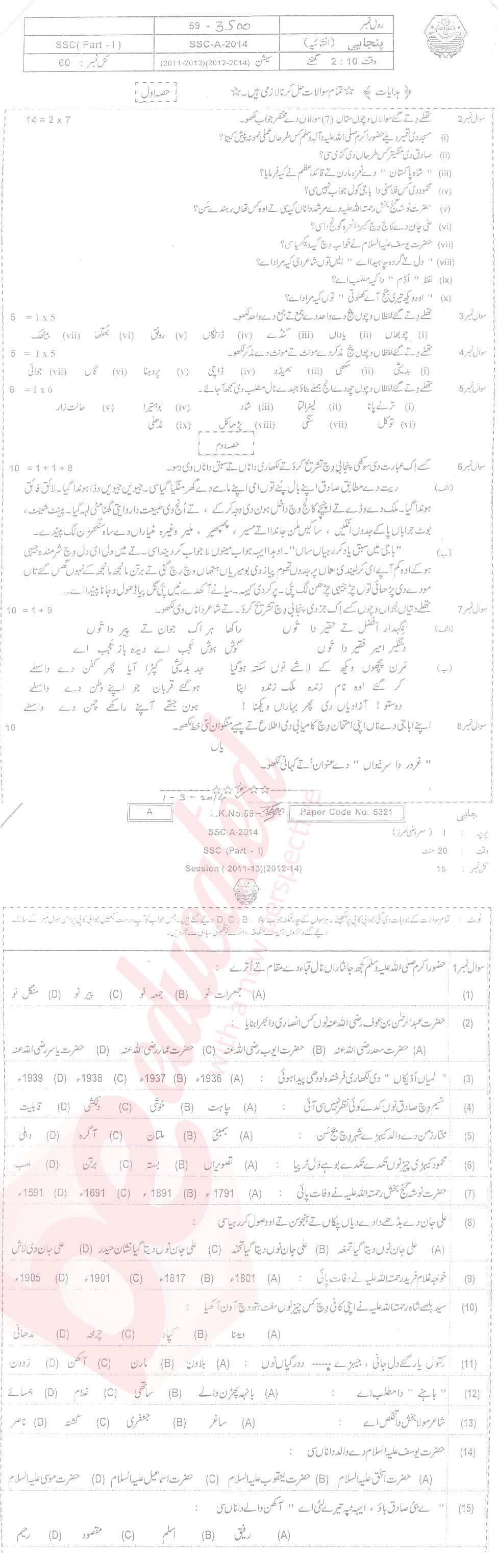 Punjabi 9th Urdu Medium Past Paper Group 1 BISE Bahawalpur 2014