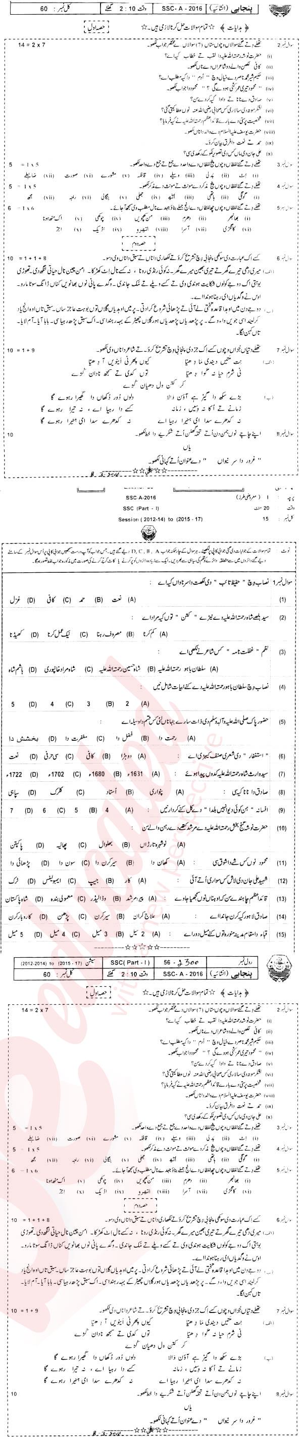 Punjabi 9th Urdu Medium Past Paper Group 1 BISE Bahawalpur 2016