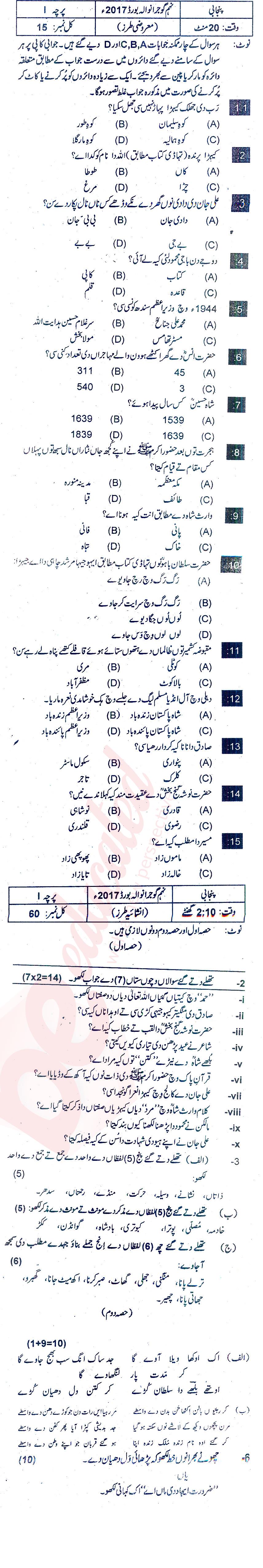 Punjabi 9th Urdu Medium Past Paper Group 1 BISE Gujranwala 2017