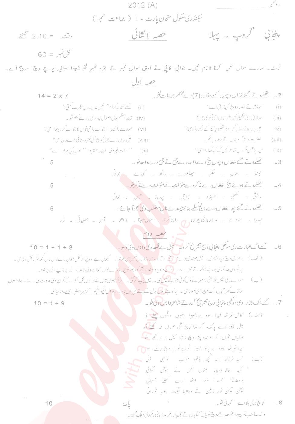 Punjabi 9th Urdu Medium Past Paper Group 1 BISE Multan 2012