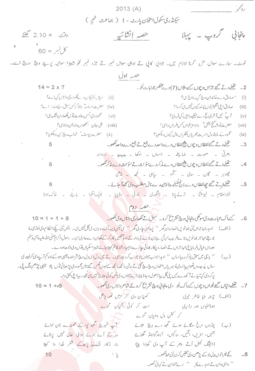 Punjabi 9th Urdu Medium Past Paper Group 1 BISE Multan 2013