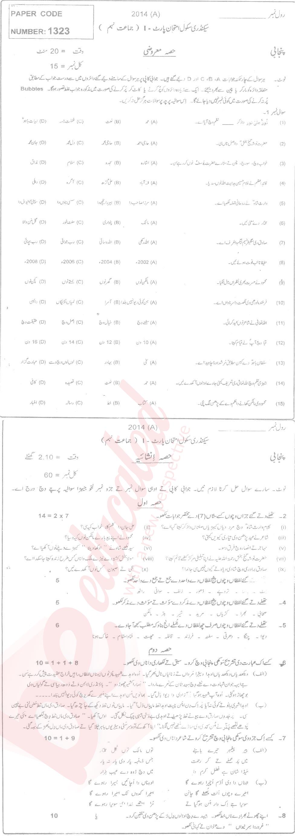 Punjabi 9th Urdu Medium Past Paper Group 1 BISE Multan 2014