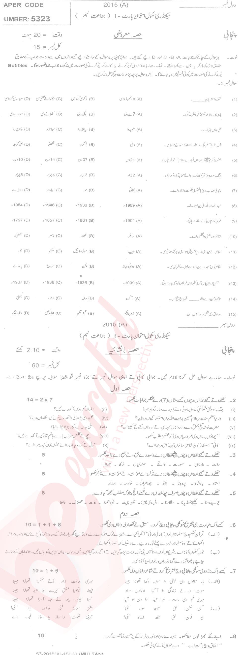 Punjabi 9th Urdu Medium Past Paper Group 1 BISE Multan 2015