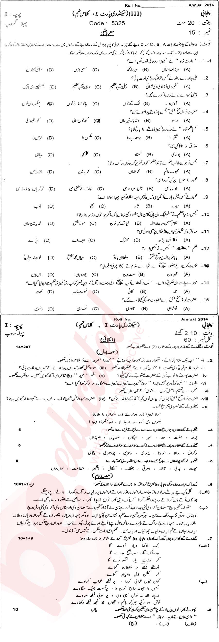 Punjabi 9th Urdu Medium Past Paper Group 1 BISE Sahiwal 2014