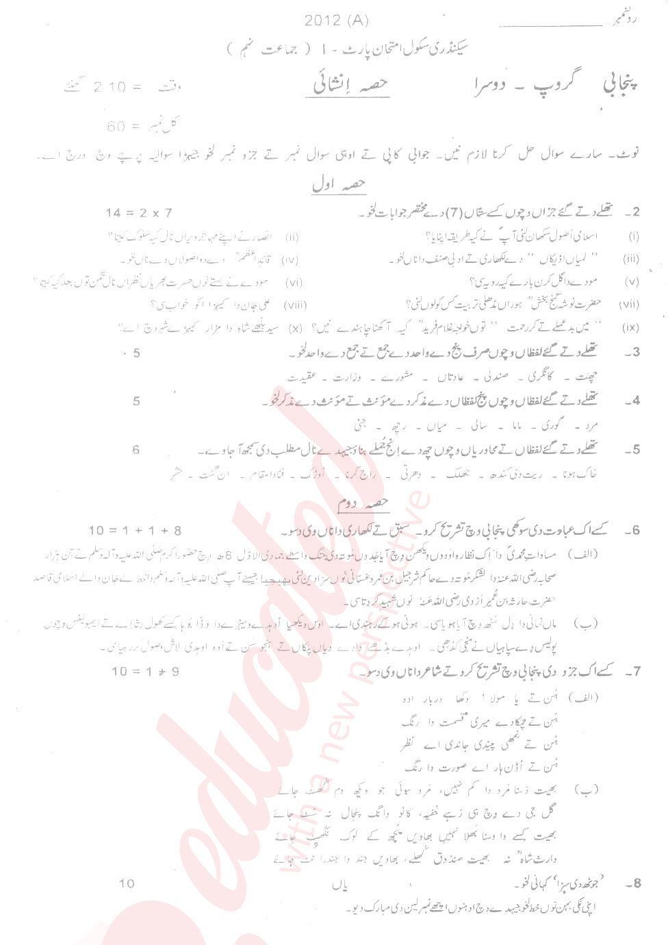 Punjabi 9th Urdu Medium Past Paper Group 2 BISE Multan 2012