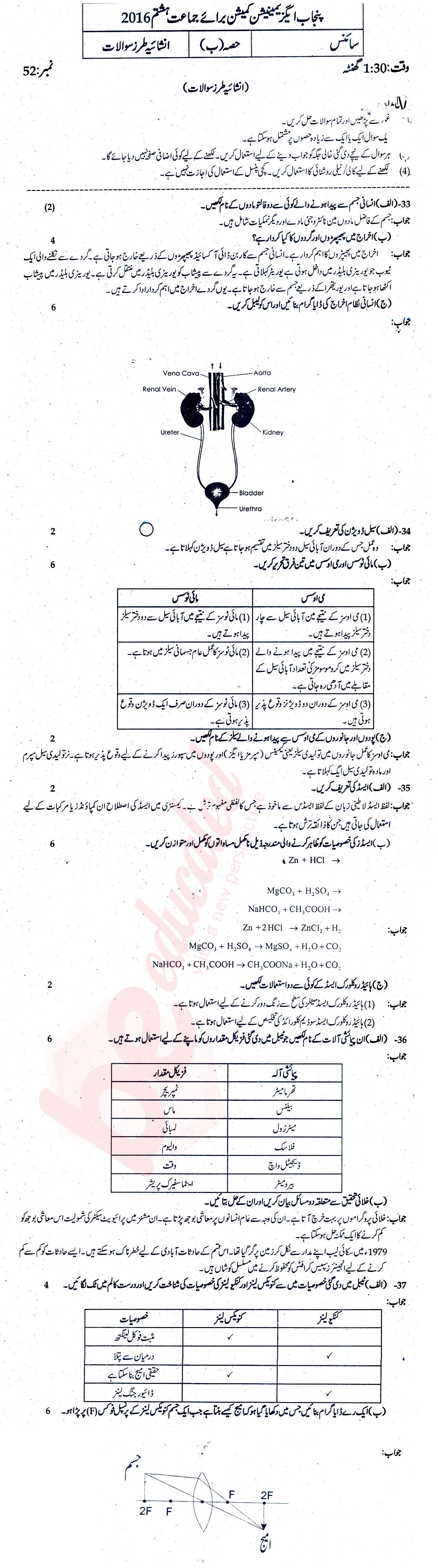 Science 8th Urdu Medium Past Paper Group 2 PEC 2016