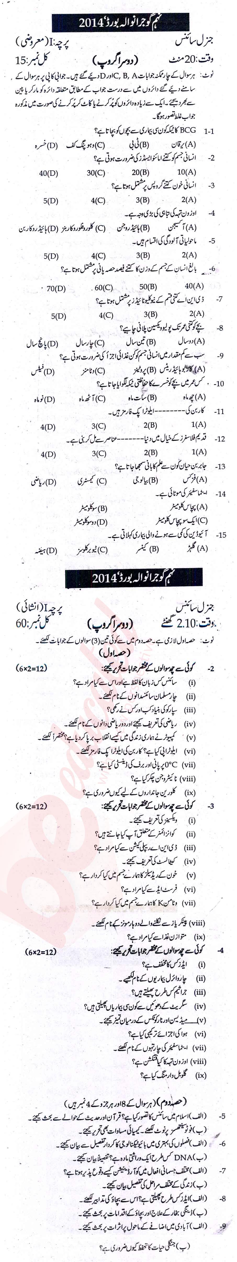 Science 9th Urdu Medium Past Paper Group 2 BISE Gujranwala 2014