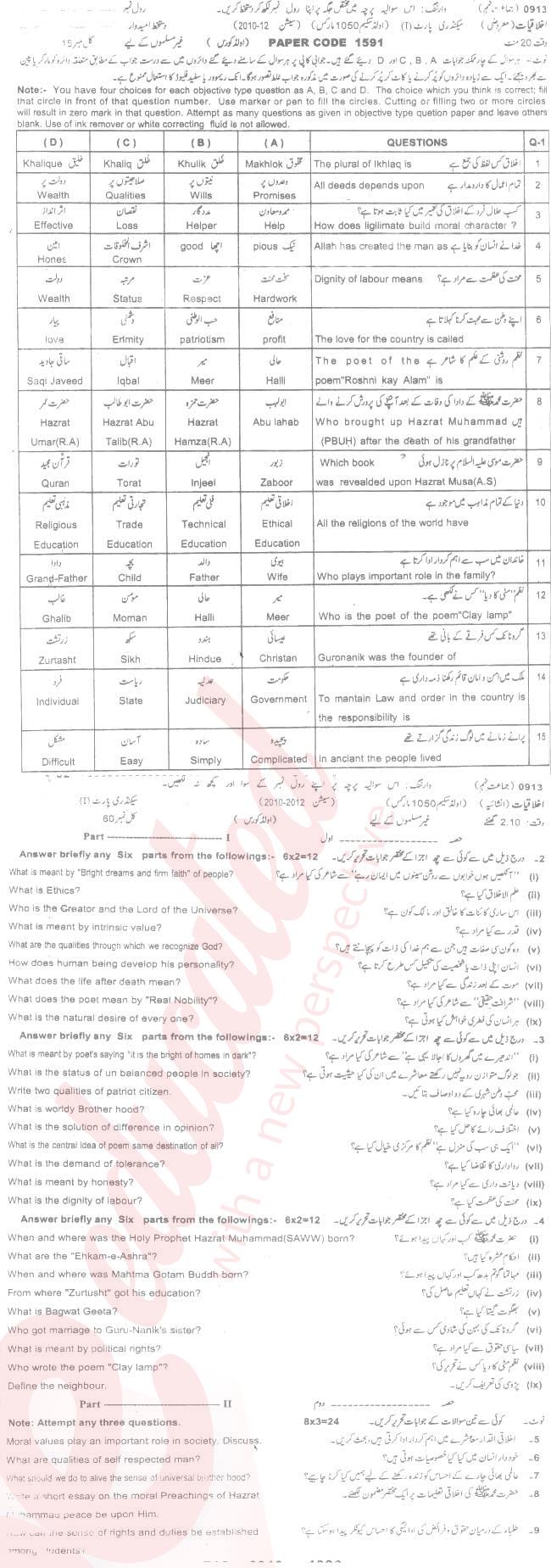 Sociology 9th class Past Paper Group 1 BISE Sargodha 2012