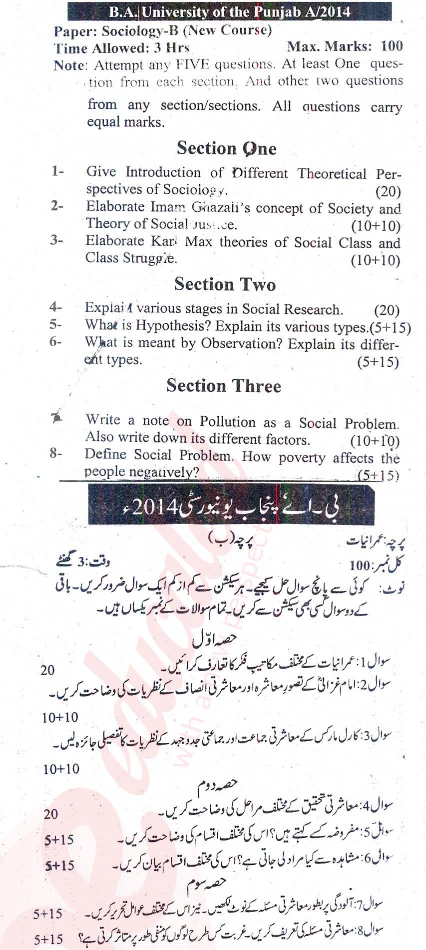 Sociology BA Part 2 Past Paper Group 1 Punjab University 2014