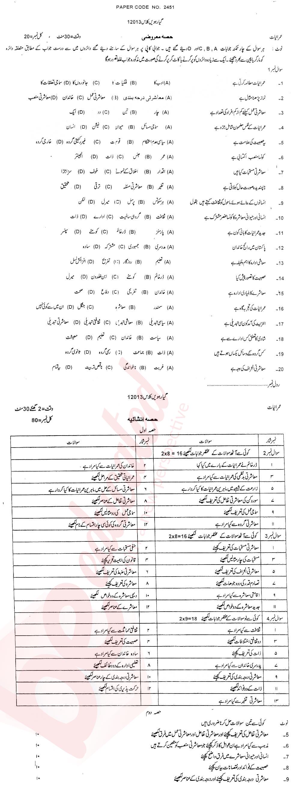 Sociology FA Part 1 Past Paper Group 1 BISE DG Khan 2013