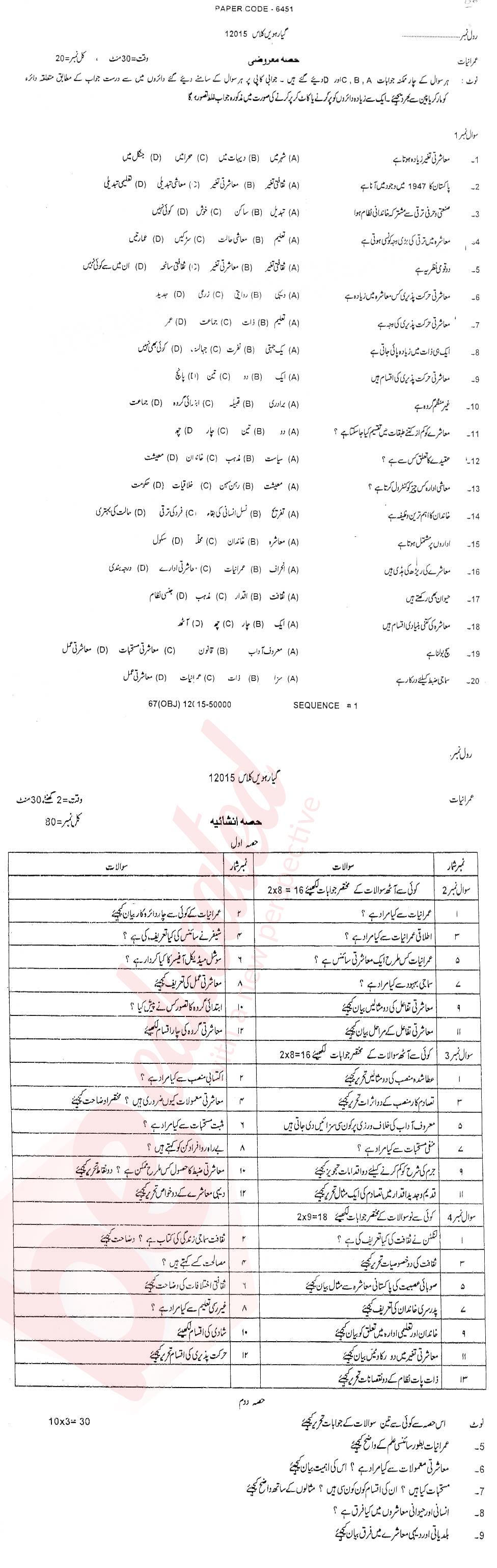 Sociology FA Part 1 Past Paper Group 1 BISE DG Khan 2015