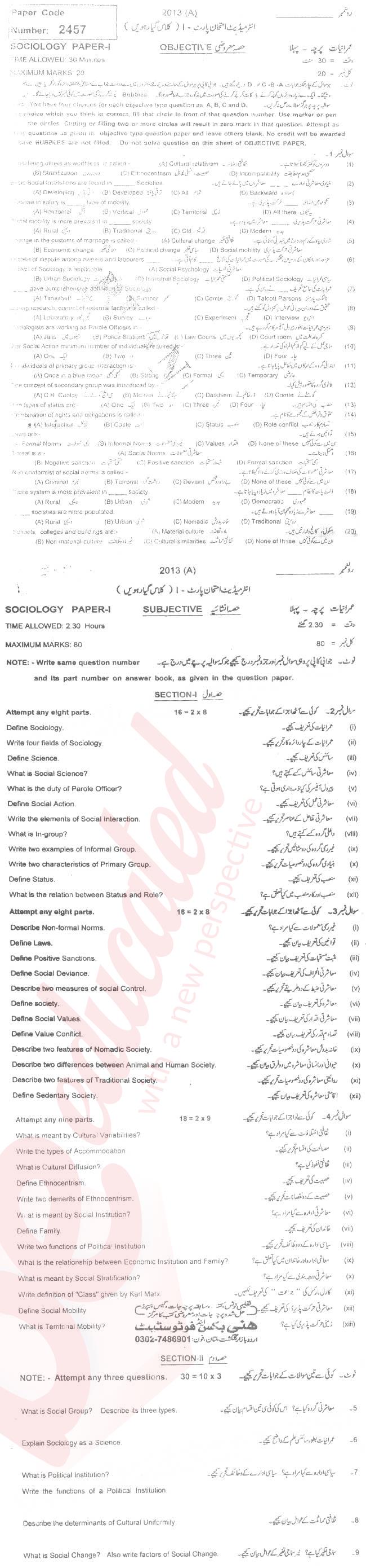 Sociology FA Part 1 Past Paper Group 1 BISE Multan 2013