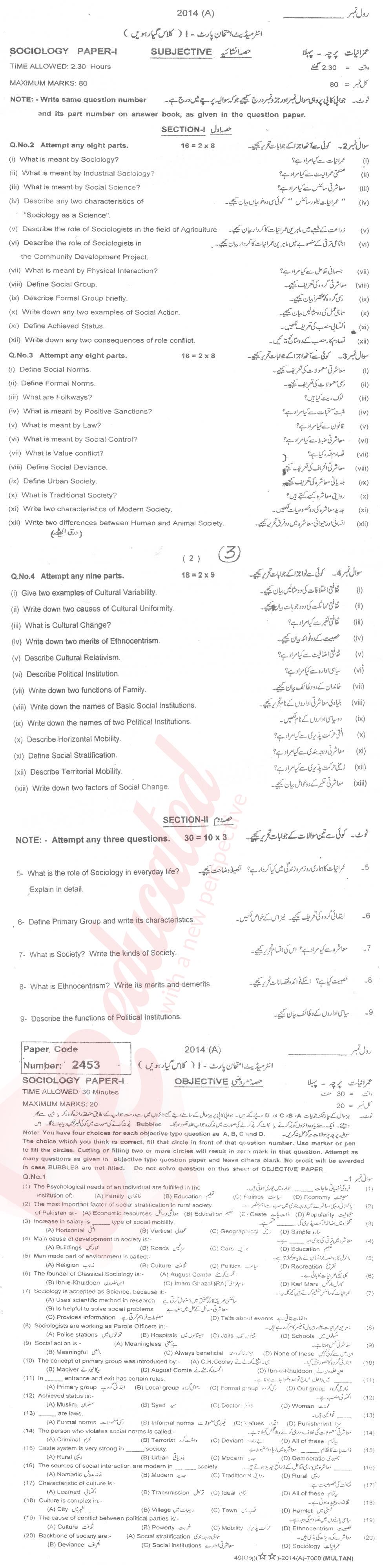 Sociology FA Part 1 Past Paper Group 1 BISE Multan 2014