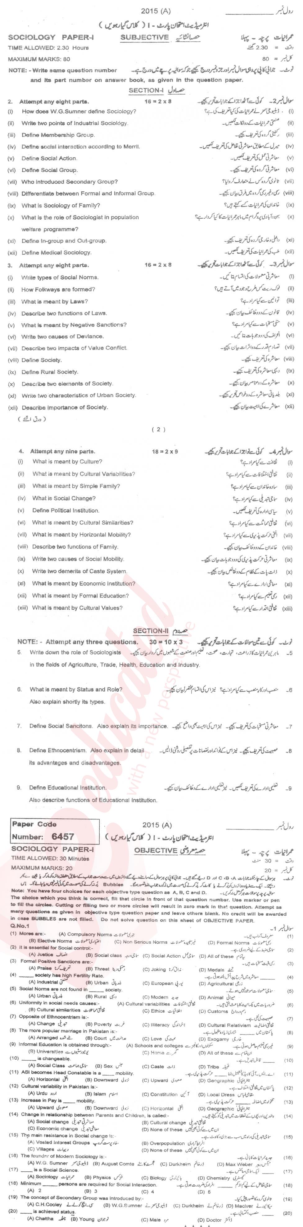 Sociology FA Part 1 Past Paper Group 1 BISE Multan 2015