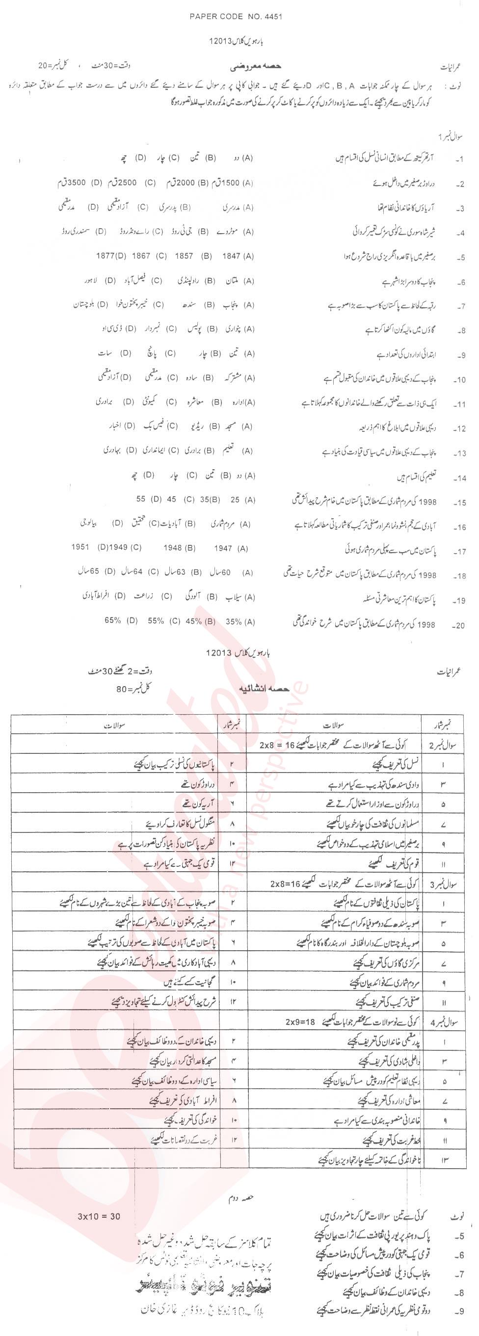 Sociology FA Part 2 Past Paper Group 1 BISE DG Khan 2013