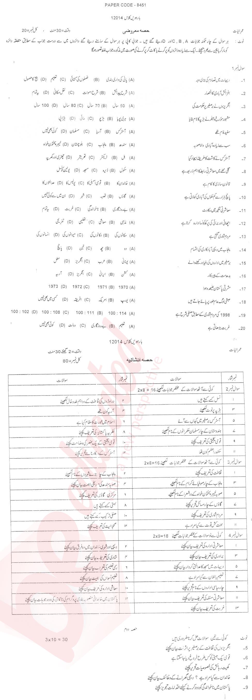 Sociology FA Part 2 Past Paper Group 1 BISE DG Khan 2014