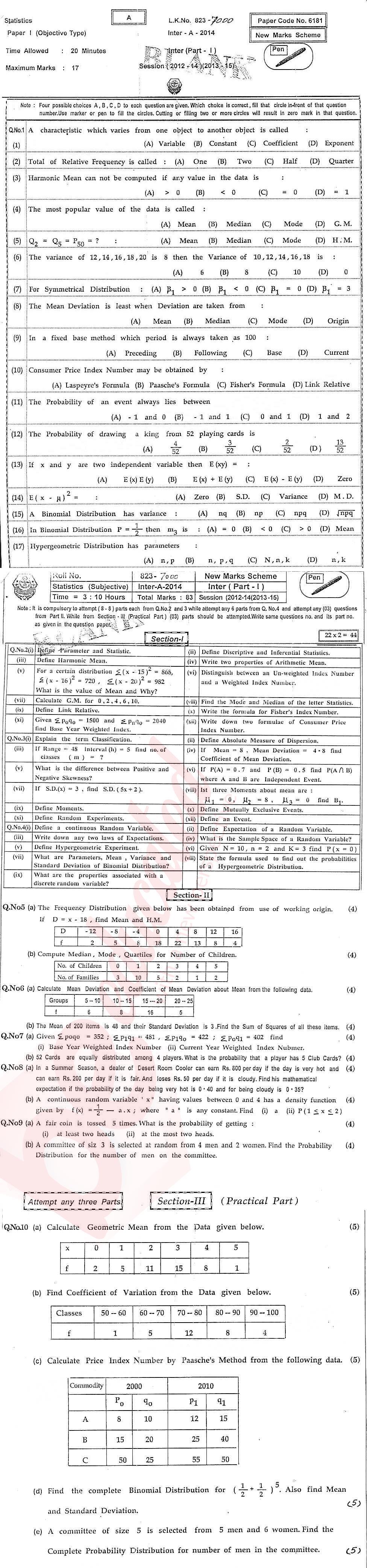 Statistics 11th class Past Paper Group 1 BISE Bahawalpur 2014