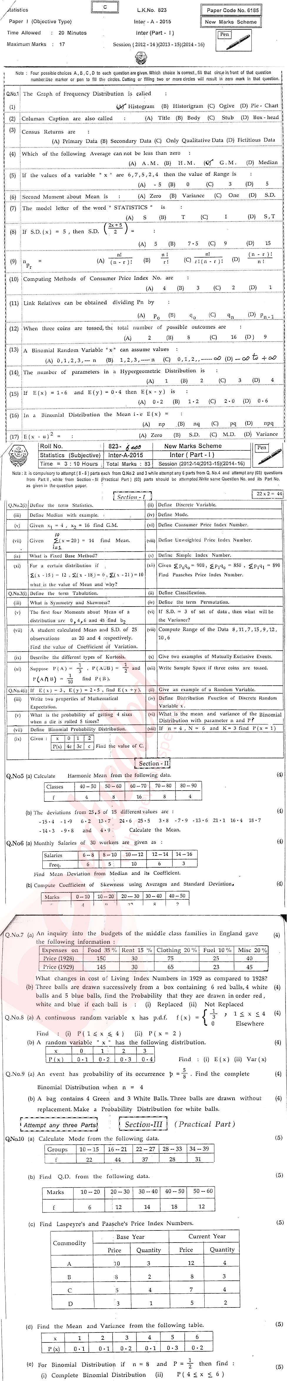 Statistics 11th class Past Paper Group 1 BISE Bahawalpur 2015