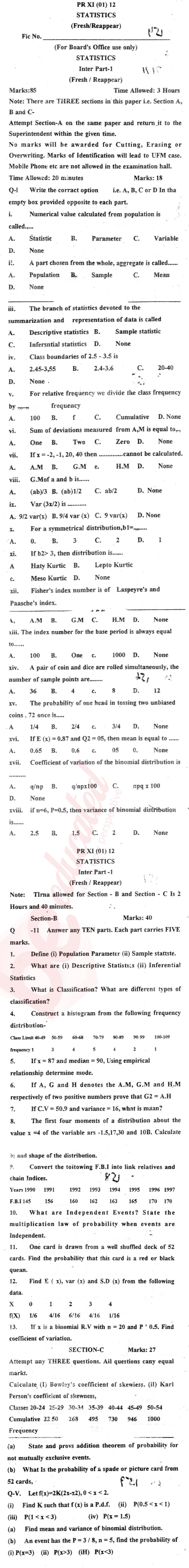 Statistics 11th class Past Paper Group 1 BISE Bannu 2012