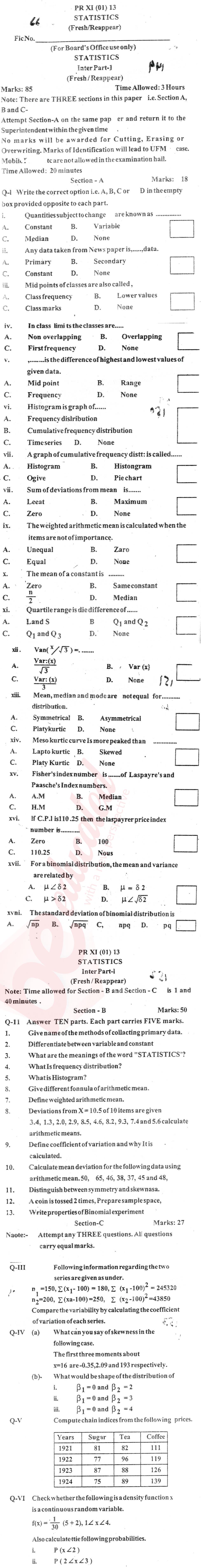 Statistics 11th class Past Paper Group 1 BISE Bannu 2013