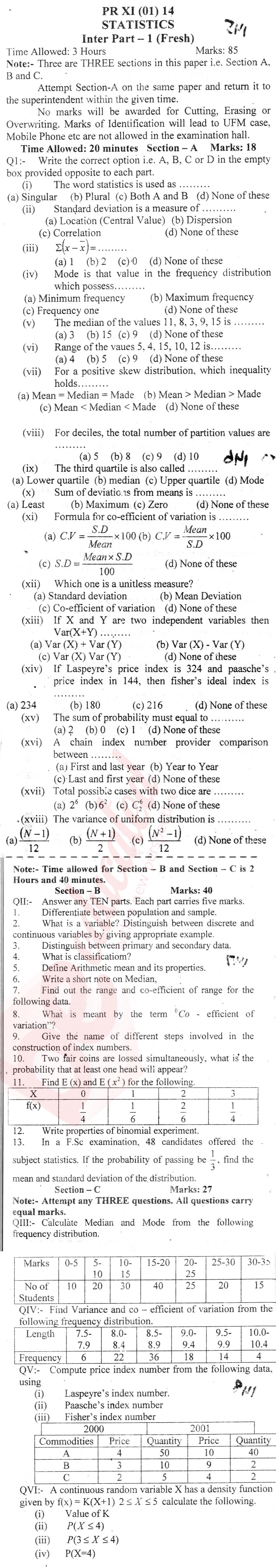 Statistics 11th class Past Paper Group 1 BISE Bannu 2014