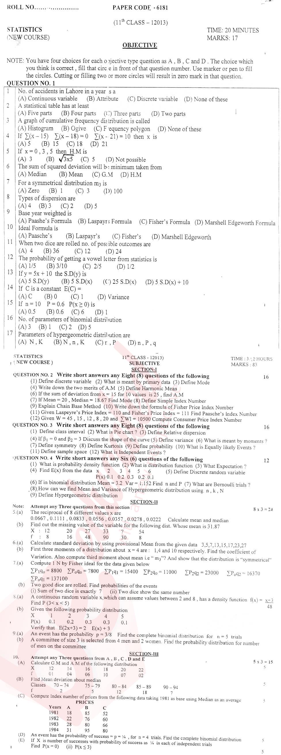 Statistics 11th class Past Paper Group 1 BISE DG Khan 2013