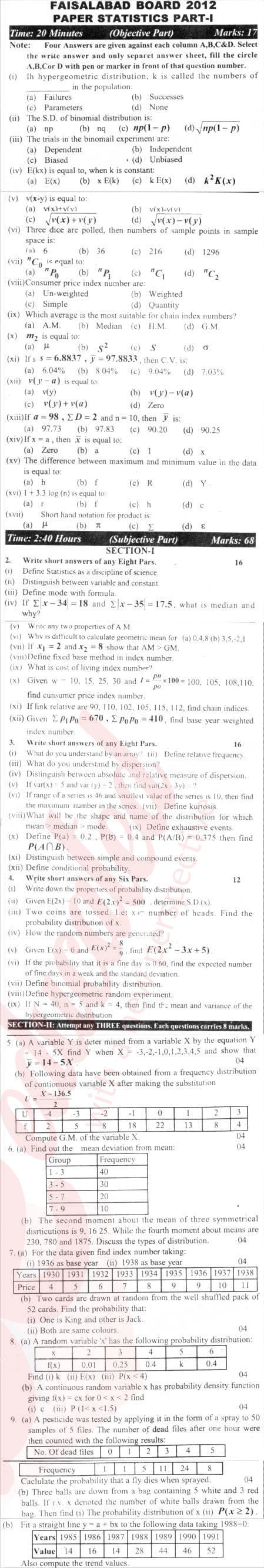 Statistics 11th class Past Paper Group 1 BISE Faisalabad 2012