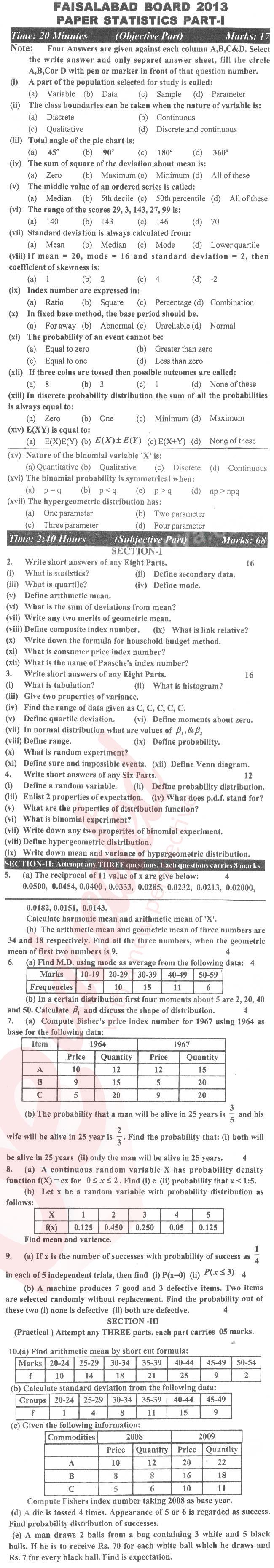 Statistics 11th class Past Paper Group 1 BISE Faisalabad 2013