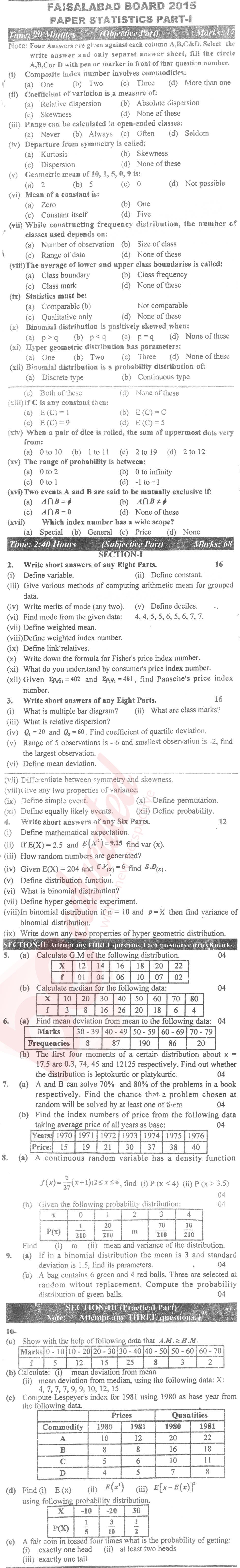 Statistics 11th class Past Paper Group 1 BISE Faisalabad 2015