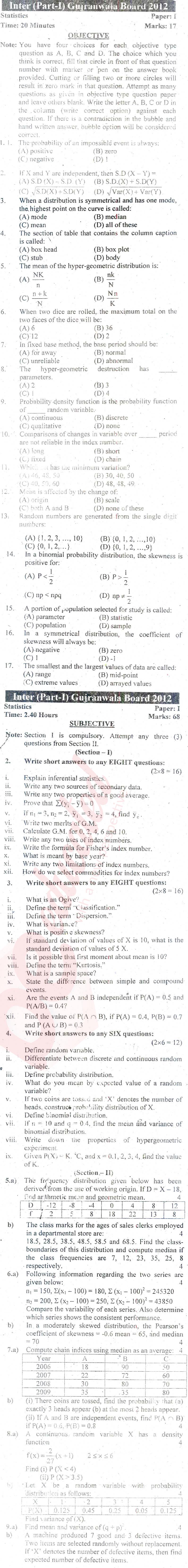 Statistics 11th class Past Paper Group 1 BISE Gujranwala 2012
