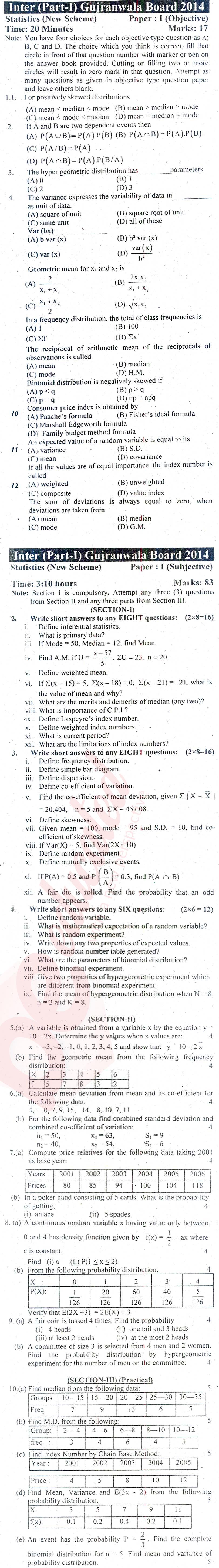 Statistics 11th class Past Paper Group 1 BISE Gujranwala 2014