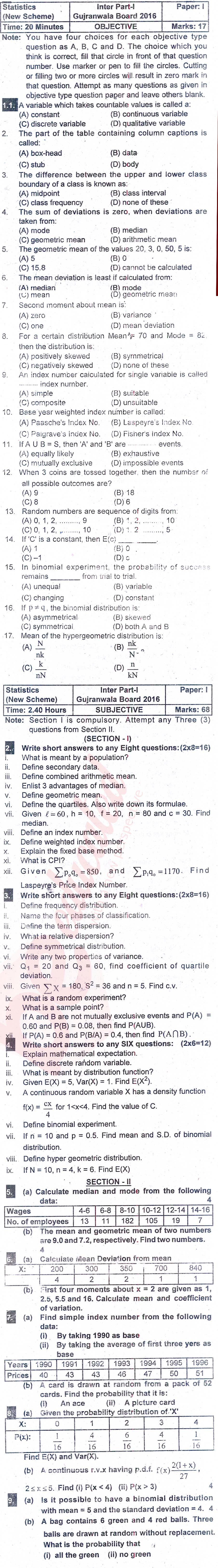 Statistics 11th class Past Paper Group 1 BISE Gujranwala 2016