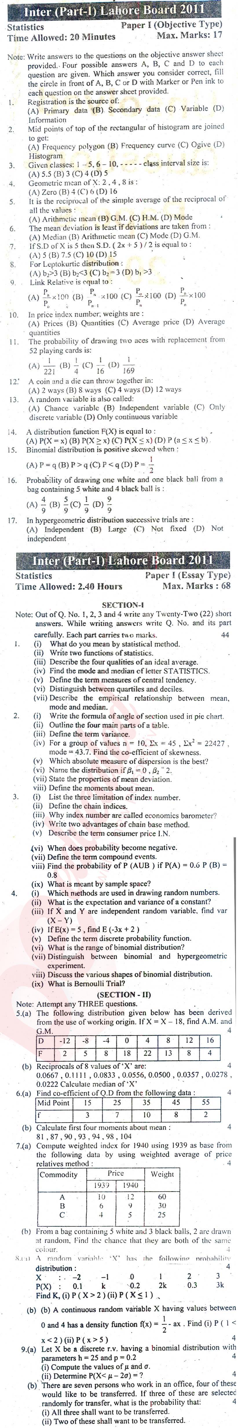 Statistics 11th class Past Paper Group 1 BISE Lahore 2011