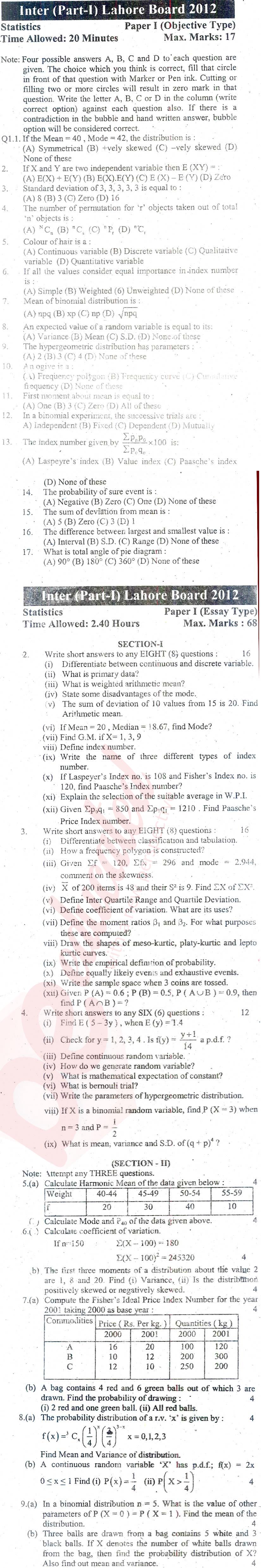 Statistics 11th class Past Paper Group 1 BISE Lahore 2012