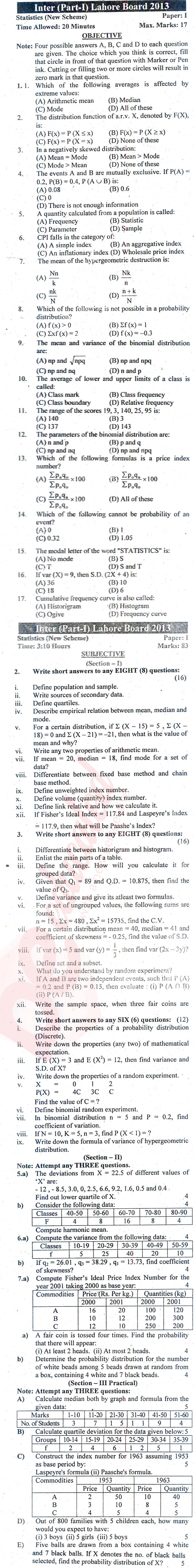 Statistics 11th class Past Paper Group 1 BISE Lahore 2013