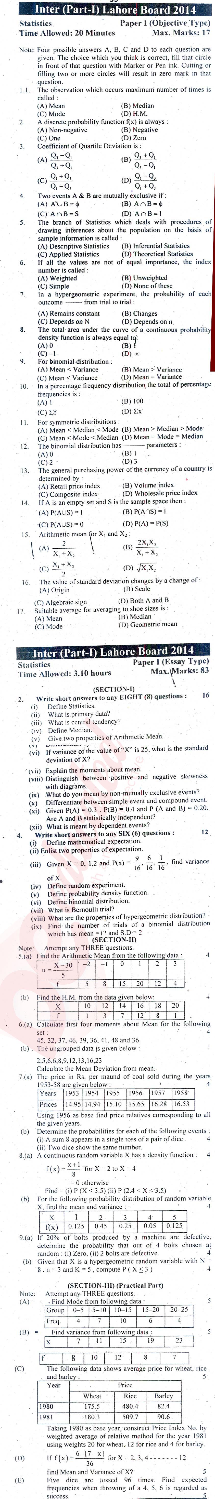 Statistics 11th class Past Paper Group 1 BISE Lahore 2014