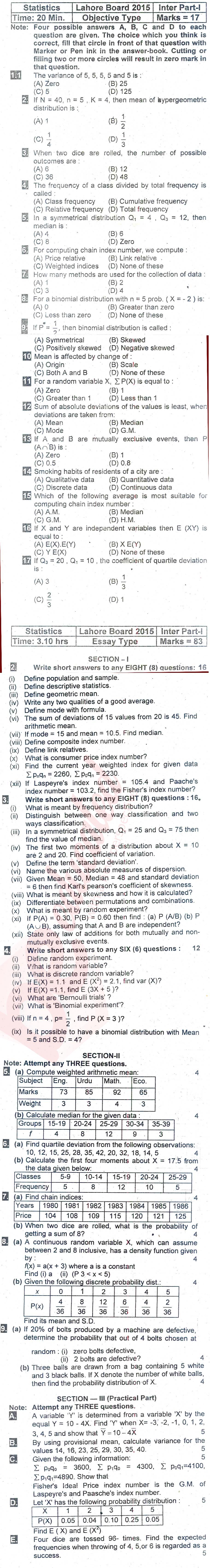 Statistics 11th class Past Paper Group 1 BISE Lahore 2015