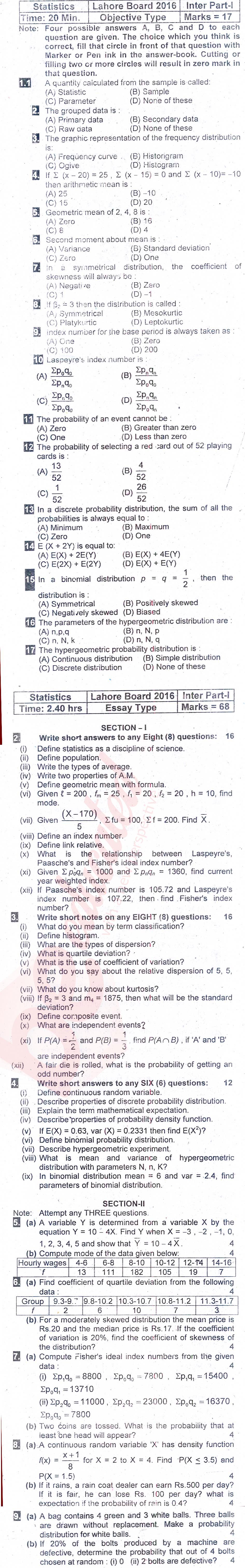 Statistics 11th class Past Paper Group 1 BISE Lahore 2016