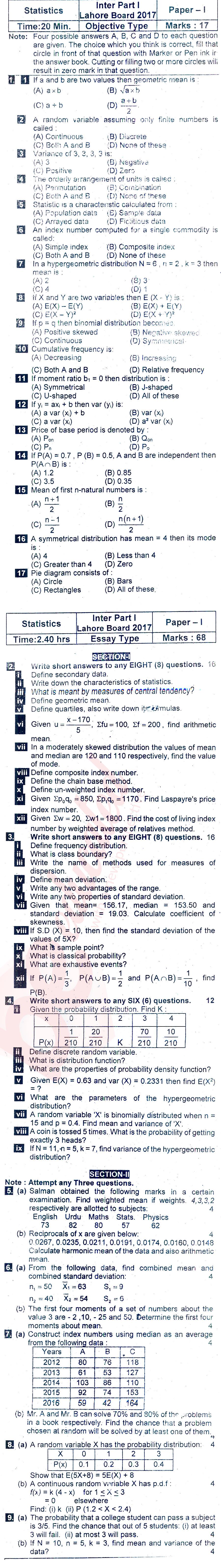 Statistics 11th class Past Paper Group 1 BISE Lahore 2017