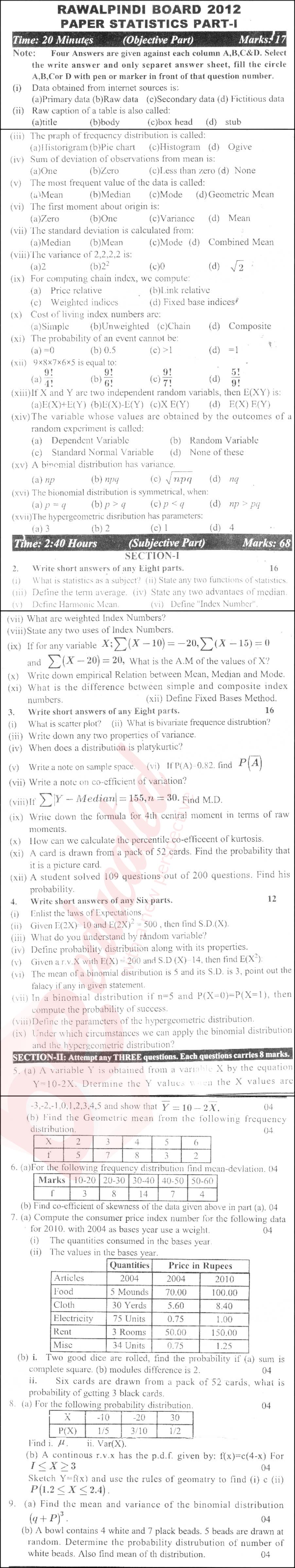 Statistics 11th class Past Paper Group 1 BISE Rawalpindi 2012