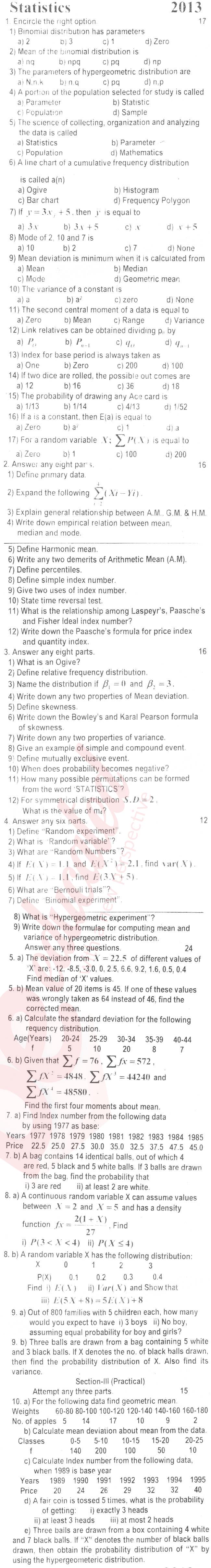 Statistics 11th class Past Paper Group 1 BISE Rawalpindi 2013