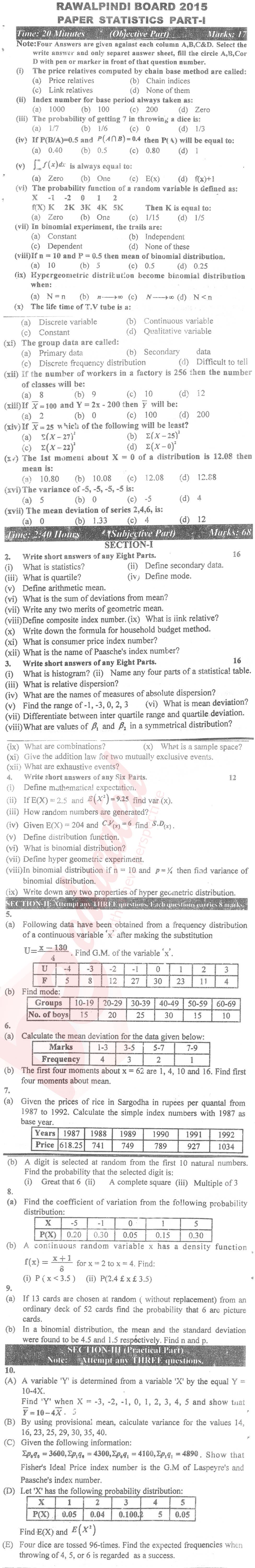 Statistics 11th class Past Paper Group 1 BISE Rawalpindi 2015