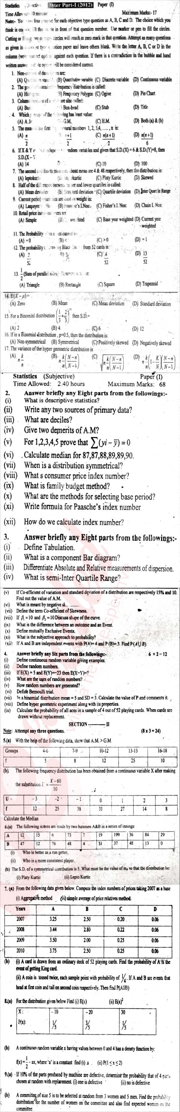 Statistics 11th class Past Paper Group 1 BISE Sargodha 2012