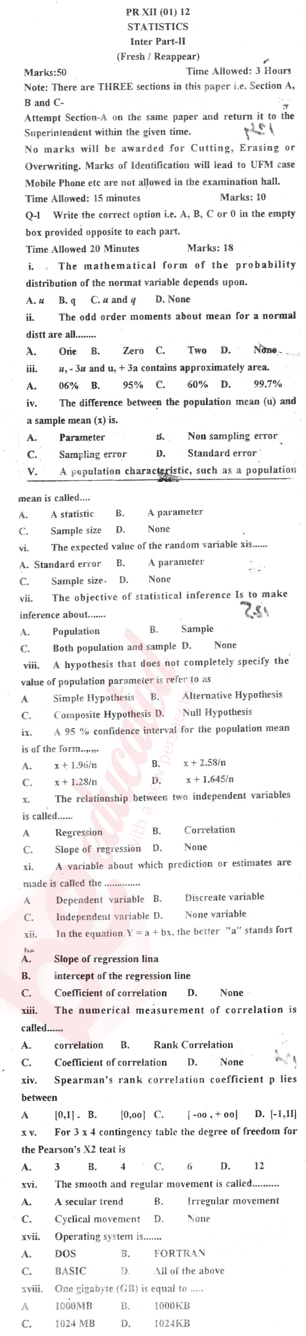 Statistics 12th class Past Paper Group 1 BISE Abbottabad 2012