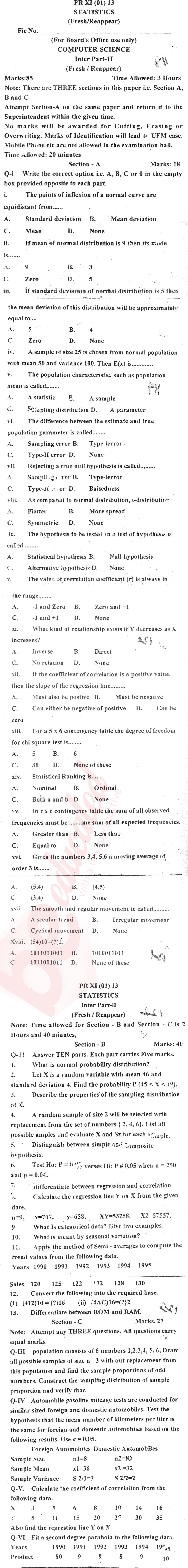 Statistics 12th class Past Paper Group 1 BISE Abbottabad 2013