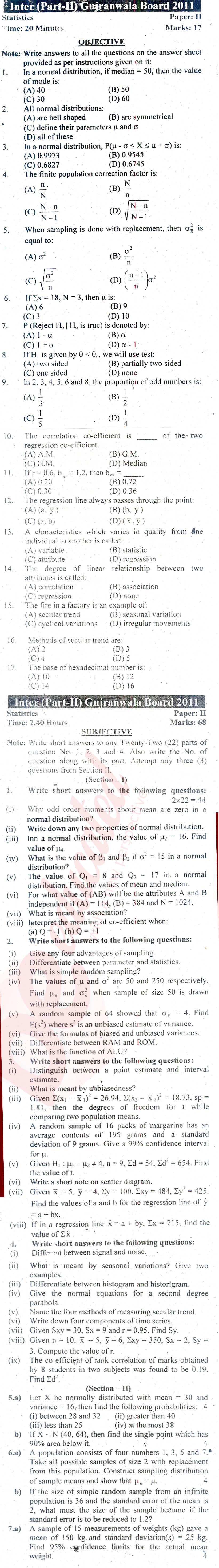 Statistics 12th class Past Paper Group 1 BISE Gujranwala 2011